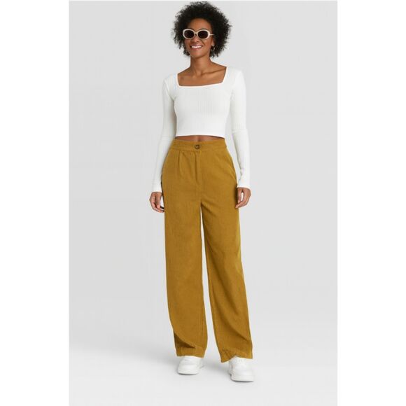 480 Women’s Mustard Corduroy Wide-Leg Pants – High Waist Retro Style - Picture 1 of 4